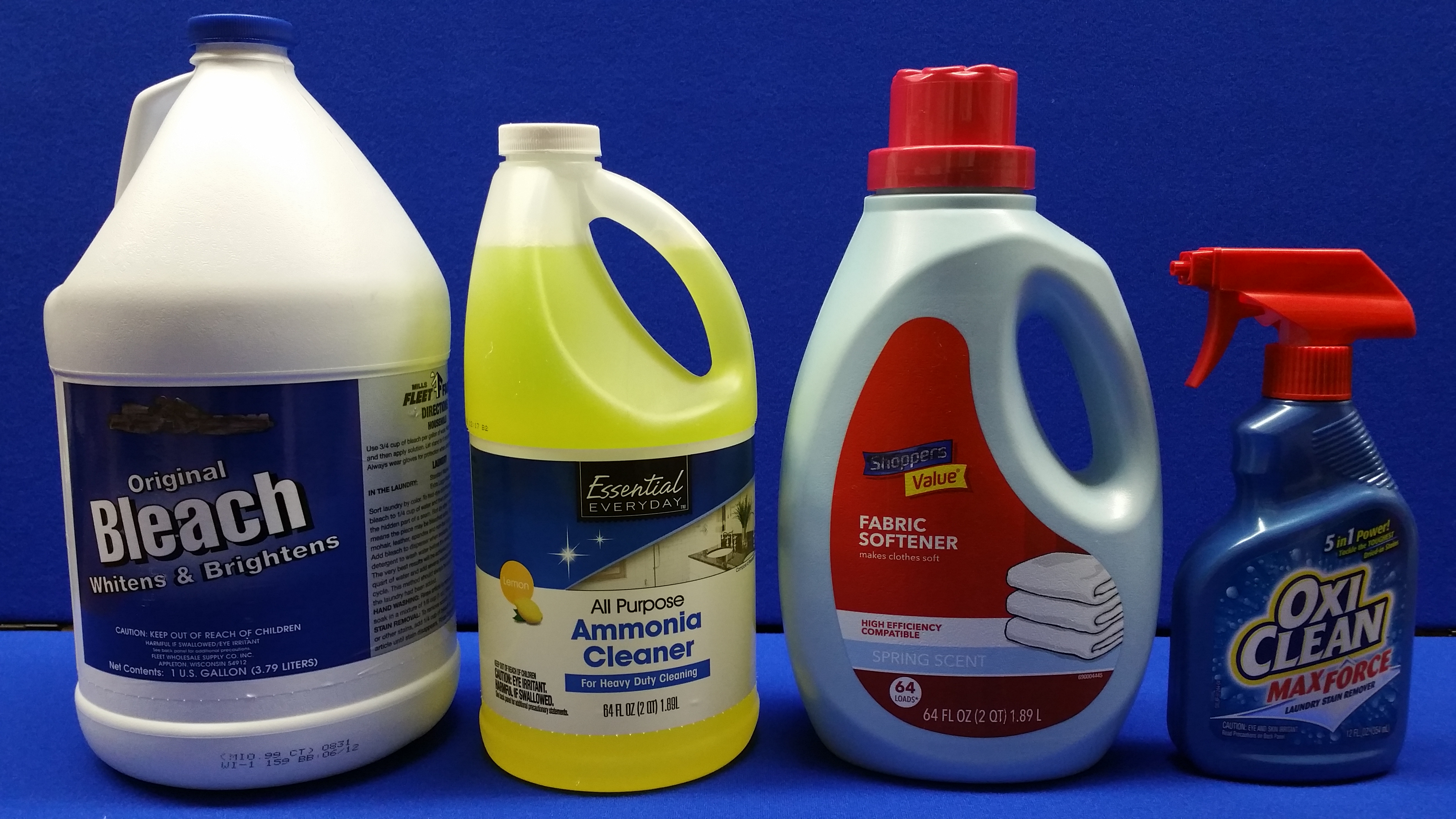 bleach and cleaning products in bottles 