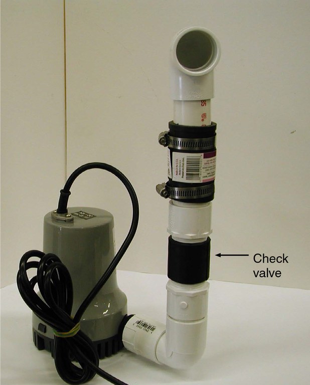Figure 2. Backup sump pump with attached discharge piping. The check valve is located just above the elbow.