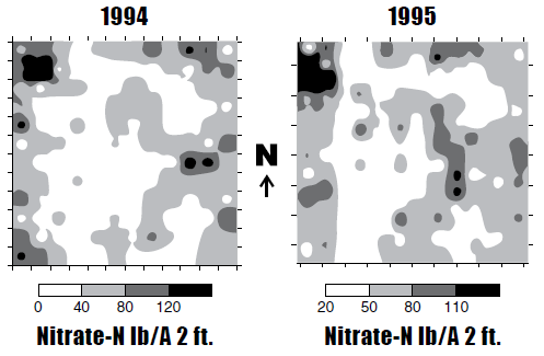Figure 8. Soil nitrate-N values from a quarter-acre grid in a 40-acre field southeast of Valley City after spring wheat in 1994 and following sunflower in 1995.