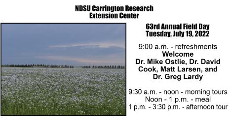 The Carrington Research Extension Center 63rd annual Field Day is July 19. 2022. A flax field of light blue blossom contrasts against darkening storm clouds.