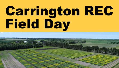 The Carrington Research Extension Center Field Day is July 19, 2022. An aerial photo of trial plots depicts varying stages of growth with plant tissue colors changing from green to yello.