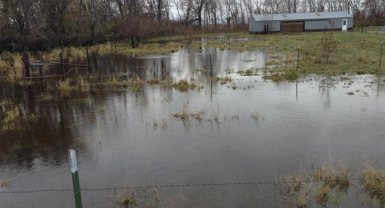 Floodwaters are threatening this barnes county farm structure