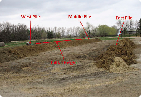 Figure 1. Initial windrows of bedded feedlot manure. The west pile cannot be seen in this picture and note the initial height of the middle pile (photo NDSU Carrington Research Extension Center)