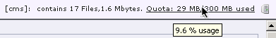 [cms]: conatins 17 Files, 1.6 Mbytes. Quota: 29 MB/300 MB used. 9.6% usage