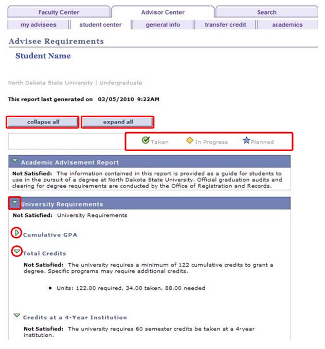View of Advisee Requirements screen showing Collapse All and Expand All buttons, legend of symbols used, and segment expansion arrow icons highlighted.