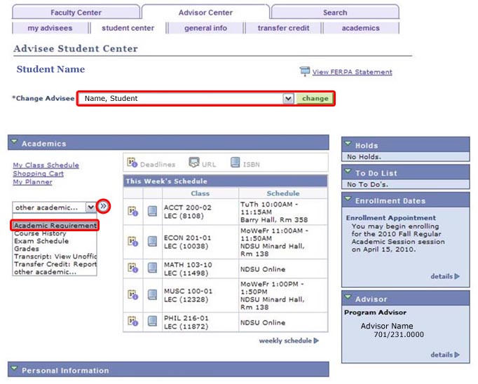View of Advisee Student Center showing the Change Advisee drop-down selector, the Academic Requirements selection, and Go button icon highlighted.