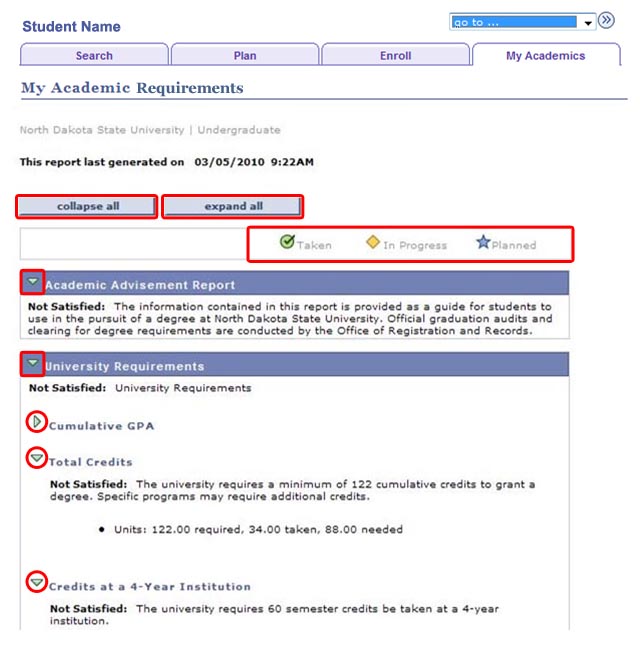 View of Advisement Report with legend of icons and Collapse and Expand buttons and icons highlighted.