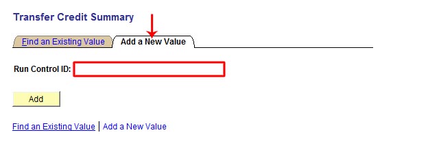 View of Transfer Credit Summary screen with navigation tab and entry field highlighted.