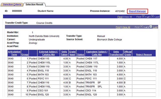 View of Selection Result screen with Report Manager link highlighted.