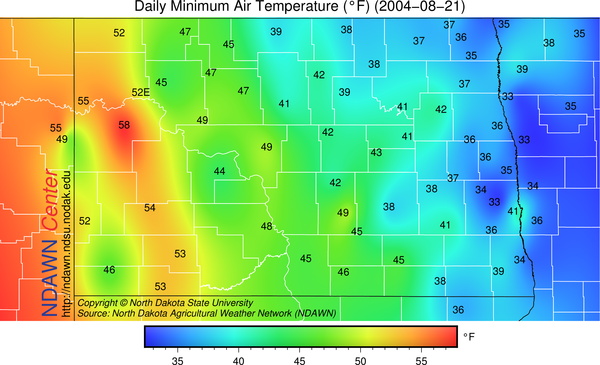 NDAWN low temperatures on August 21, 2004