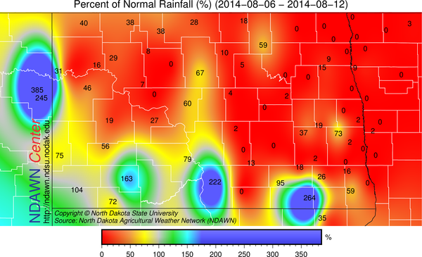 Percent of Normal Rainfall from August 6 through 12, 2014