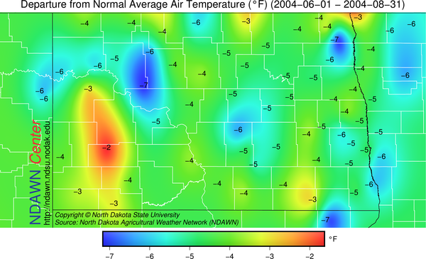 Summer 2004 Temperature Departures from Average at the NDAWN stations. 