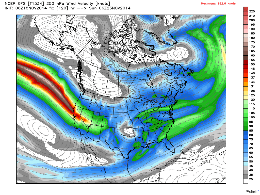 Projected 250 mb chart on Saturday Night 