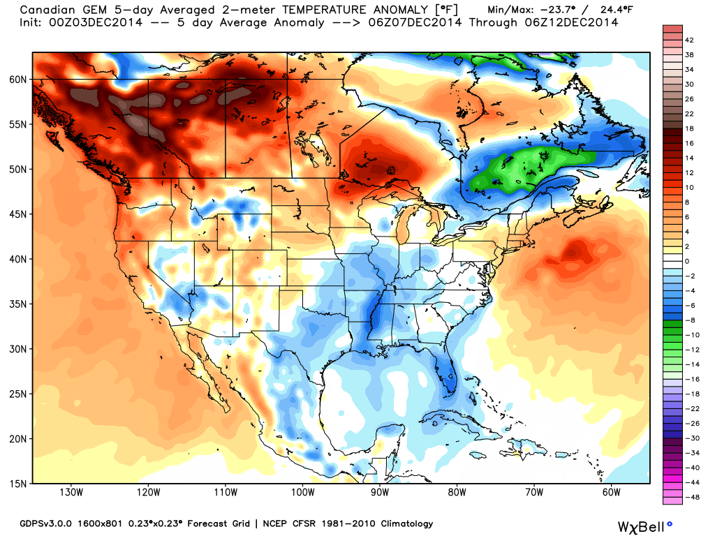 Projected Temperature anomaly for December 7 through 12