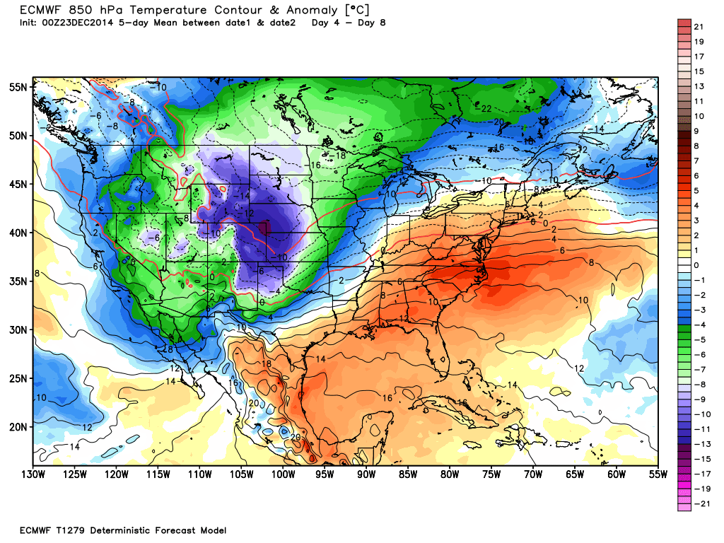 Temperature Anomaly at 850 mb center on Wednesday December 31. 