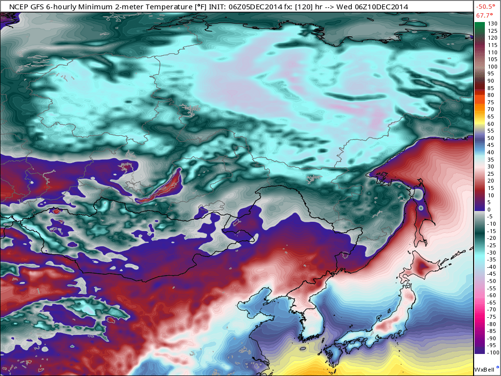 Minimum Temperatures in northern Asia on Wednesday, December 10, 2014
