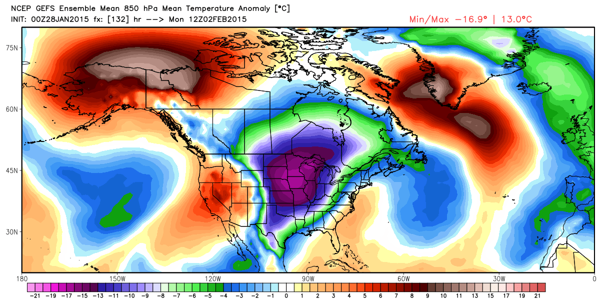 Projected Temperature Anomalies at 850 mb  for Monday, February 2, 2015 