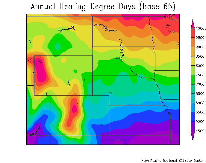 Yearly Mean HDDs in the northern Plains