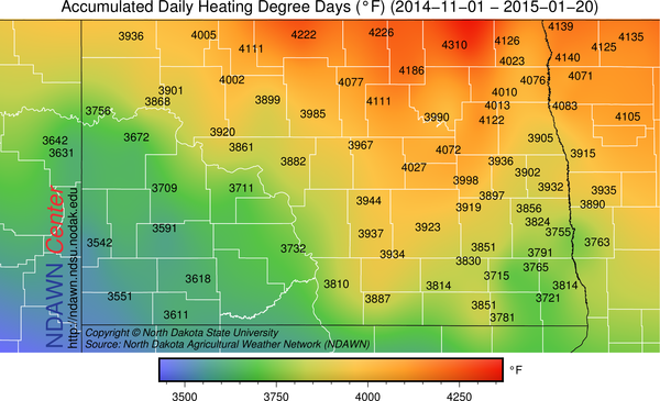 HDDs across the North Dakota Agricultural Weather (NDAWN) stations since November 1, 2014