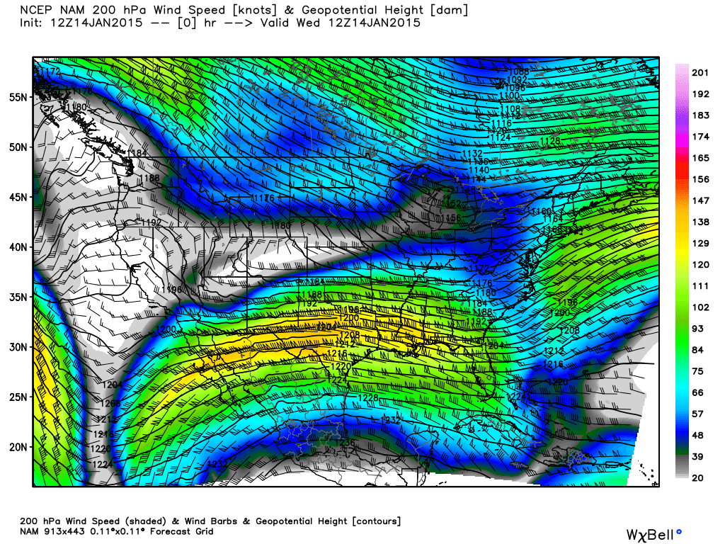 200 mb Wind Speed and Direction from 6:00 AM January 14, 2015