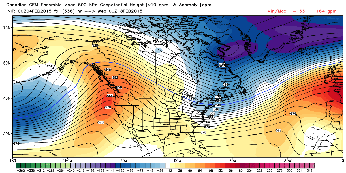 progged 500 mb (18000 feet) wind flow and anomalies for February 18 