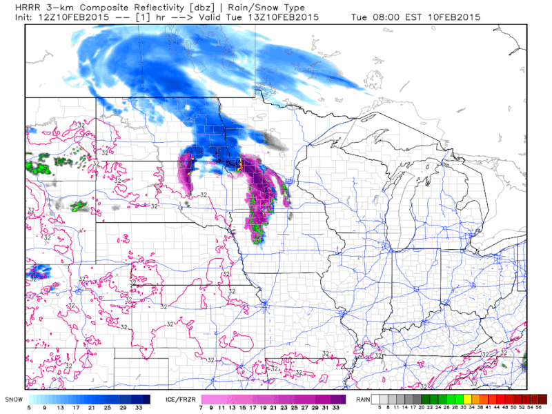 Projected Radar for Tuesday, February 10, 2015