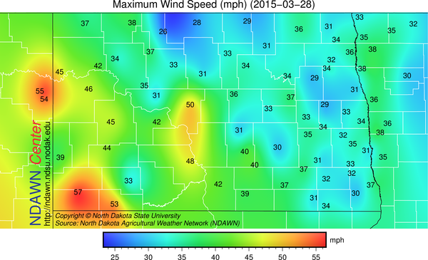 Maximum Wind Speed for Saturday,  March 28, 2015