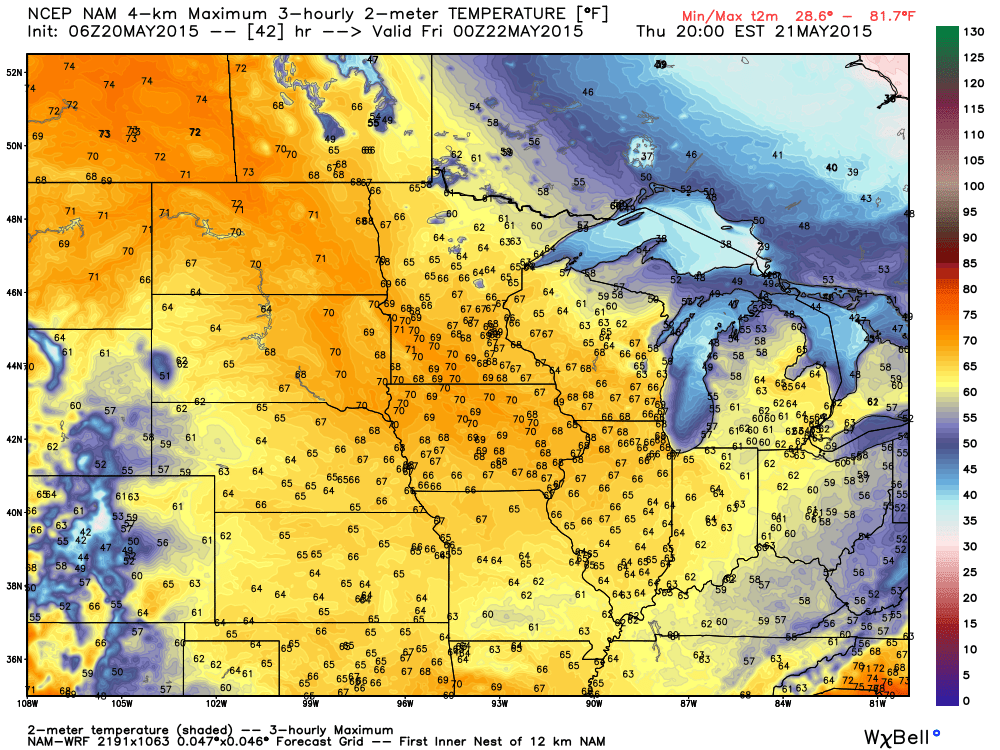 Maximum Temperatures for Thursday, May 21, 2015 Projected from the WRF-NAM