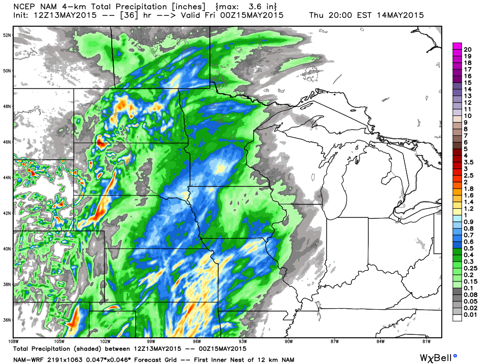 36 hour Total Precipitation Projection from the NAM-WRF 4 km