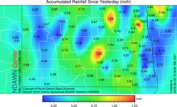 Rain Totals from May 6 and May 7 (through 2:00 PM) across the NDAWN mesonet
