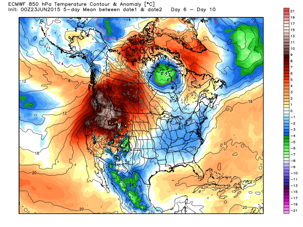 6-10 Day 850 mb temperatures and anomalies averaged over that 5 day period
