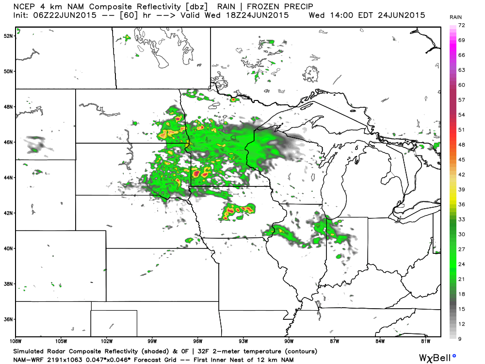 1 PM Wednesday, June 24, 2015 projected radar 