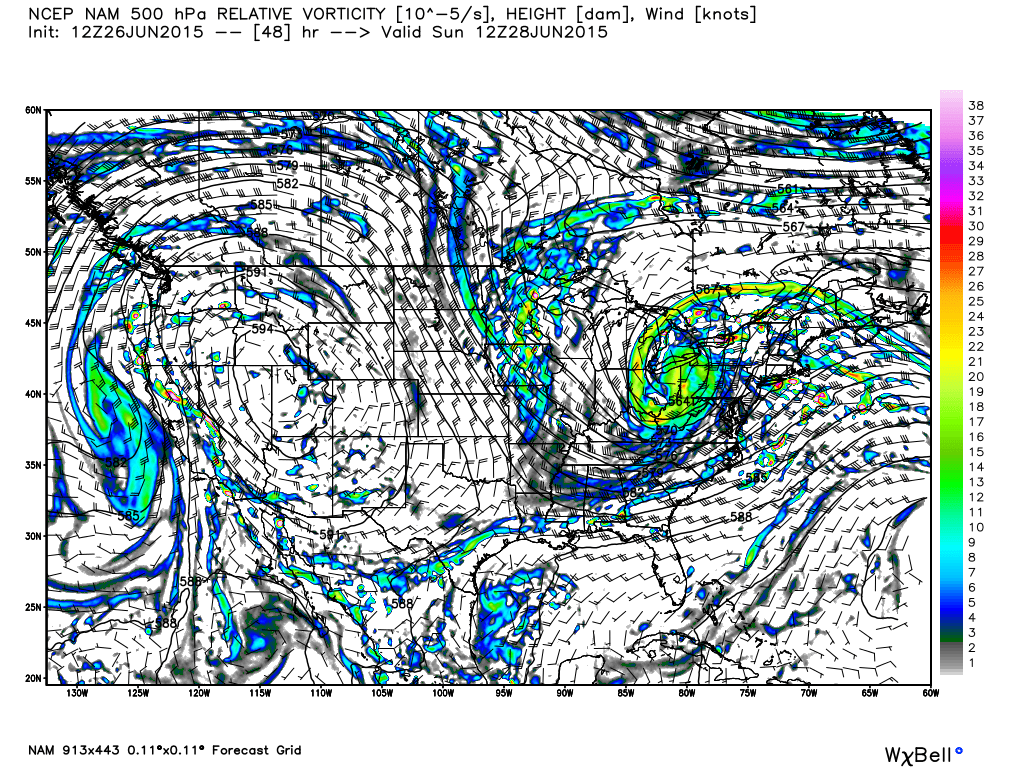 Projected 500 mb Height/Vorticity for Sunday, June 28, 2015 at 7:00 AM
