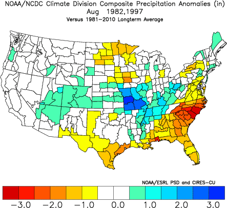 August 1982 and August 1997 Averaged Precipitation Anomalies 