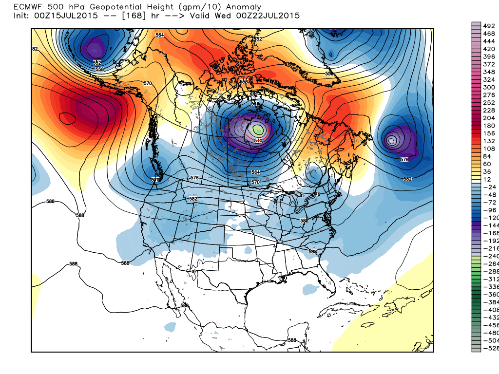 500 mb Height / Anomalies for 00Z July 22, 2015 (WMO-Essential ECMWF