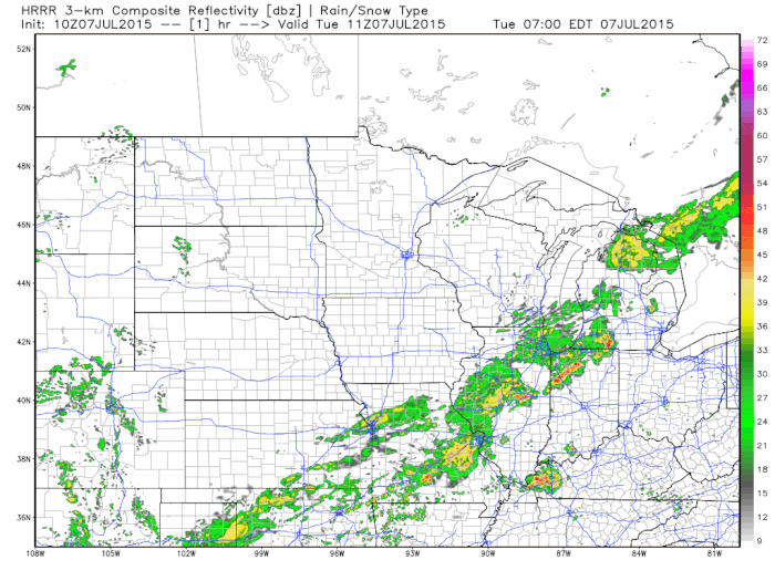 projected radar for July 7, 2015 from HRRR guidance (High Resolution Rapid Refresh)