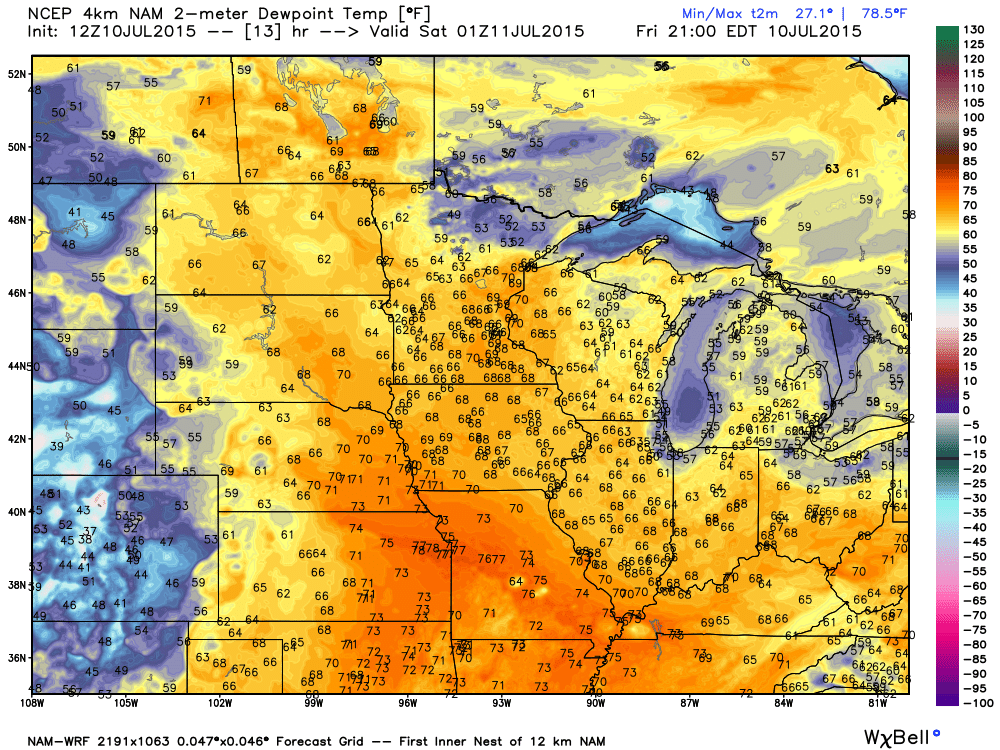 Dew Point Temperatures later today (Friday, July 10, 2015)