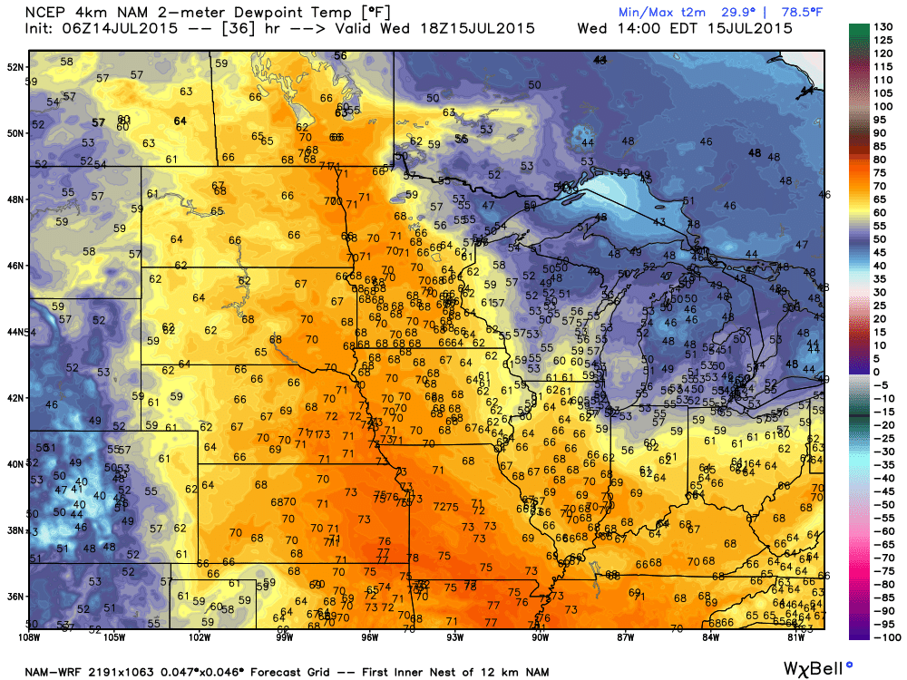 Projected Dew Points Wednesday, July 15, 2015 