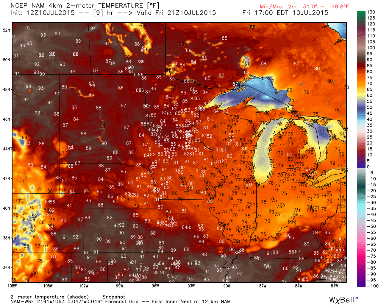 Maximum Temperature Projections  for Friday, July 10, 2015