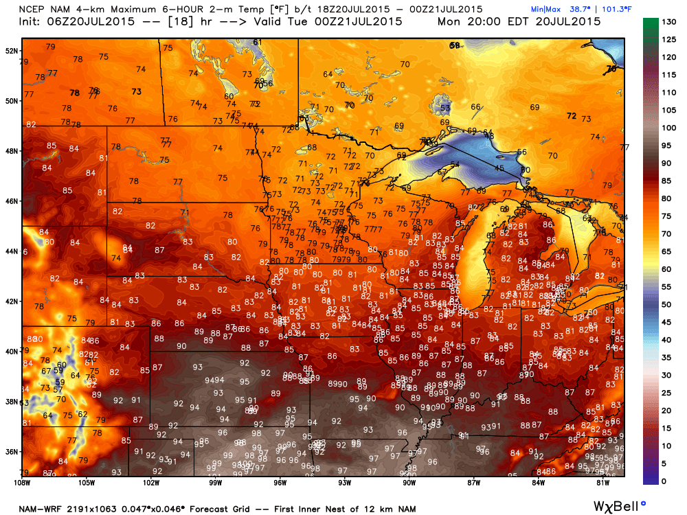 Projected Monday, July 20, 2015 Maximums