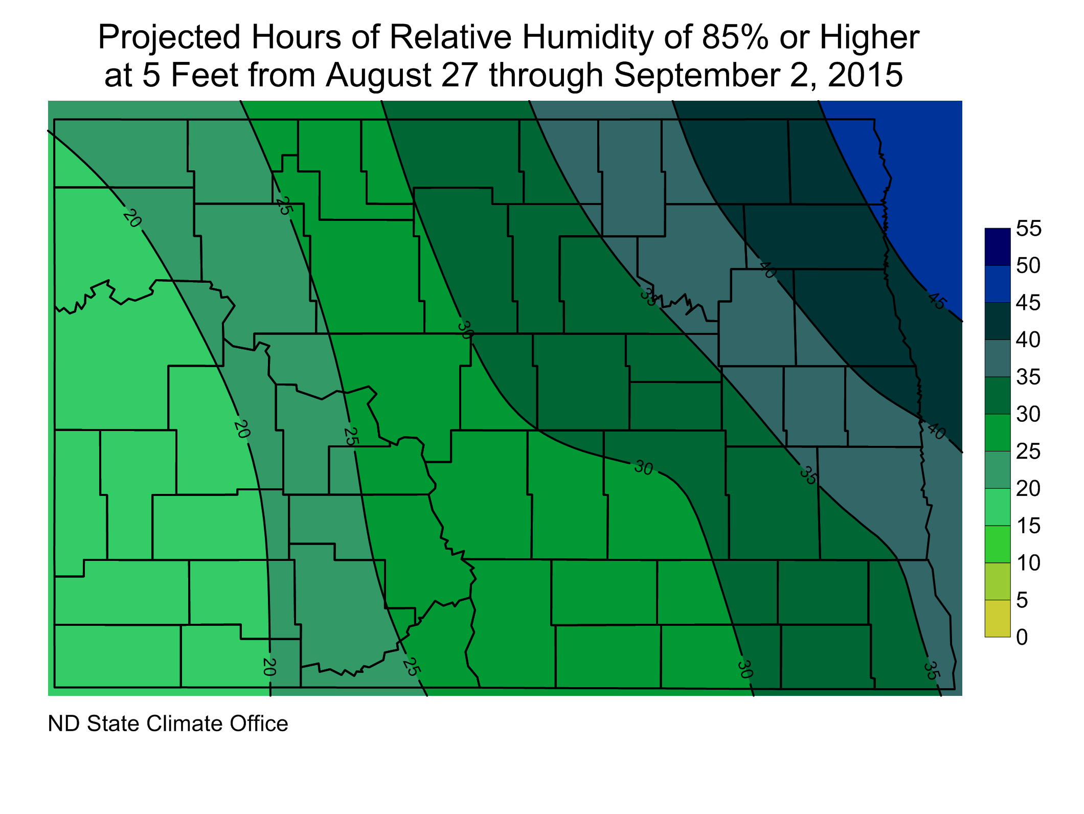 Figure 3. Projected Hours at/above 85% Relative Humidity from August 27 through September 2, 2015
