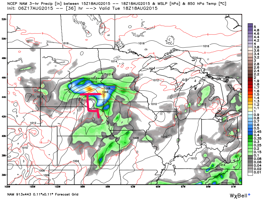 North American Model (NAM) 18Z Tuesday August 18, 2015 projected surface analysis and 6 hour rainfall
