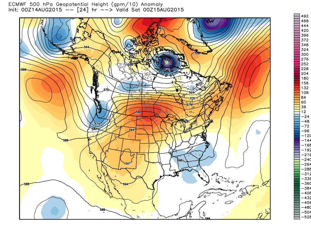 500 mb Heights/Anomalies projected for 00Z Saturday August 15.  ECMWF WMO-essential