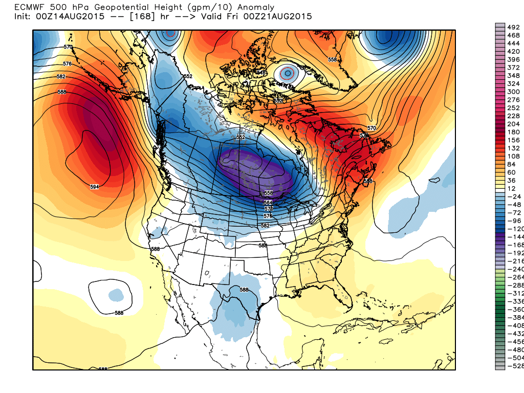 00Z August 21 Projected 500 mb Anomalies and heights