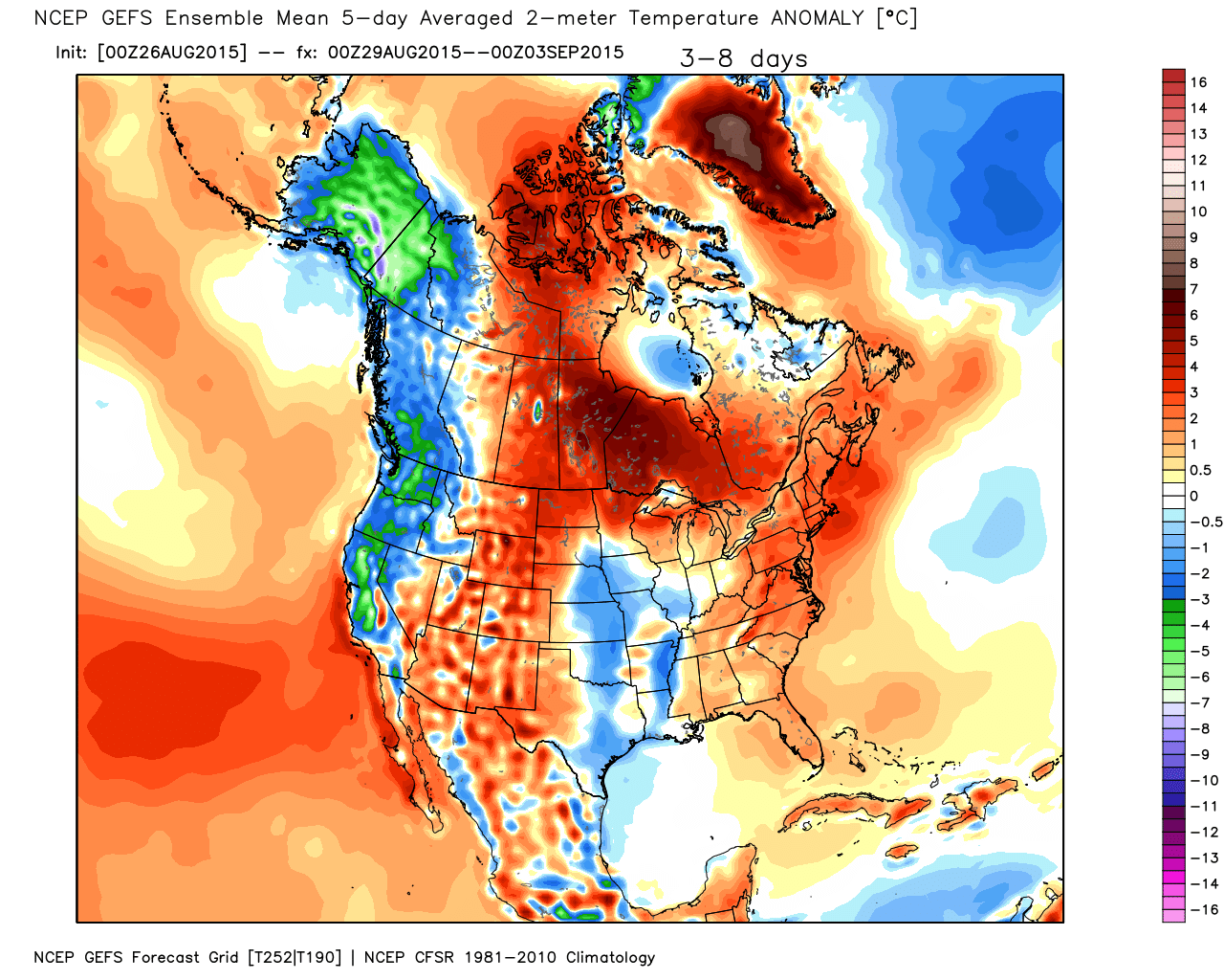Figure 1. Projected Temperature Anomalies from average off the Global Forecast System Guidance from 00Z August 29 to 00Z September 3.      Use with permission from Weatherbell Analytics 