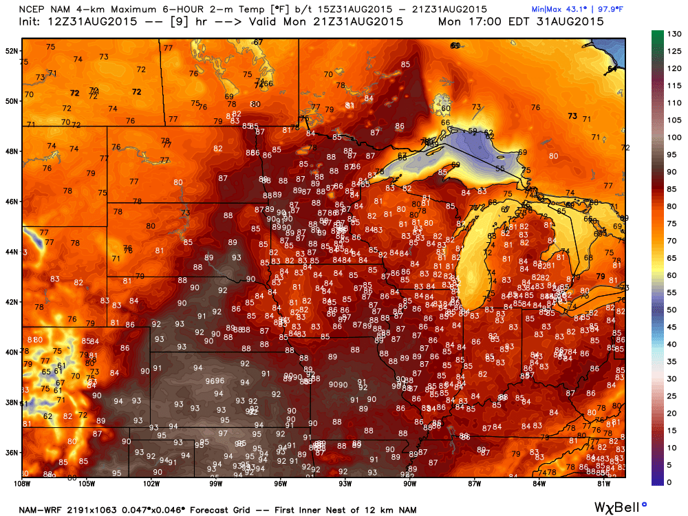 Projected Maximums for Monday, August 31, 2015