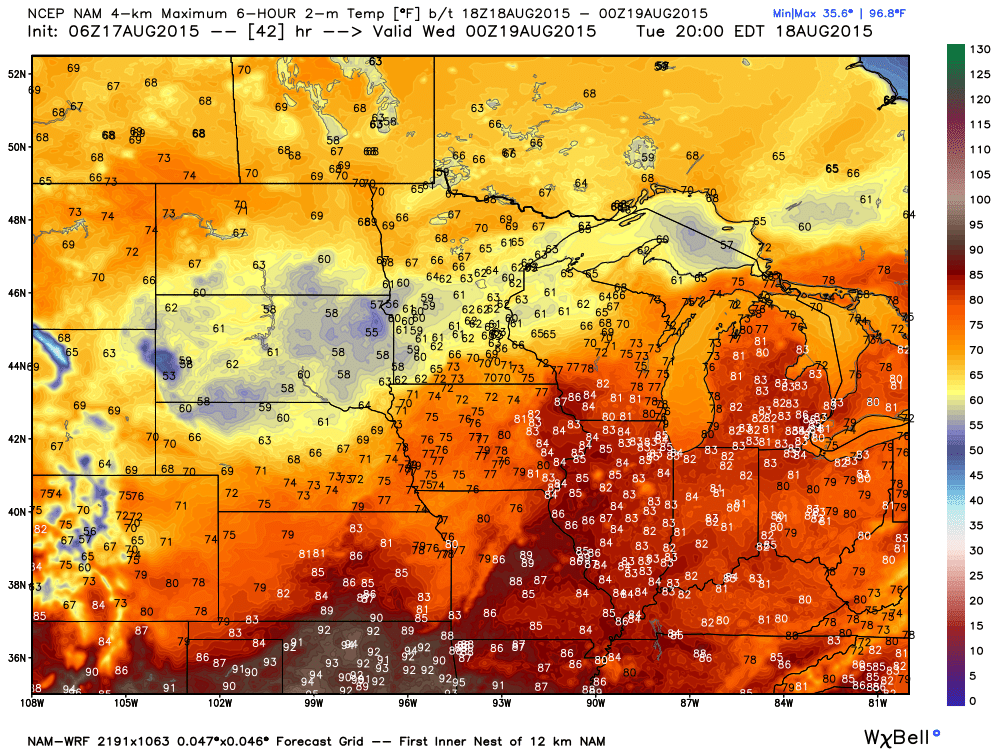 Tuesday Projected Maximums by WRF-NAM 4 km Guidance 