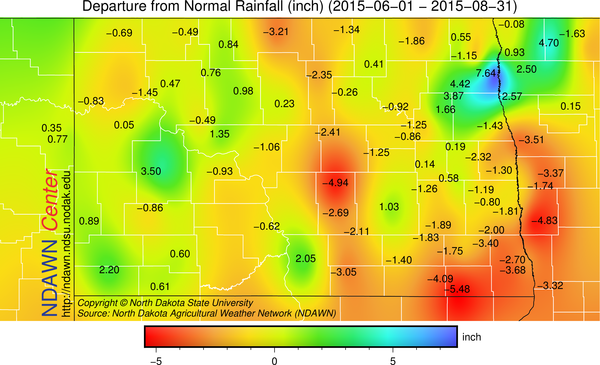 Departure from average precipitation June 1 through August 31 2015