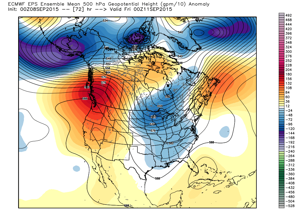 Thursday, September 10, 2015, 7:00 PM 500 mb Height/Anomalies Projection 