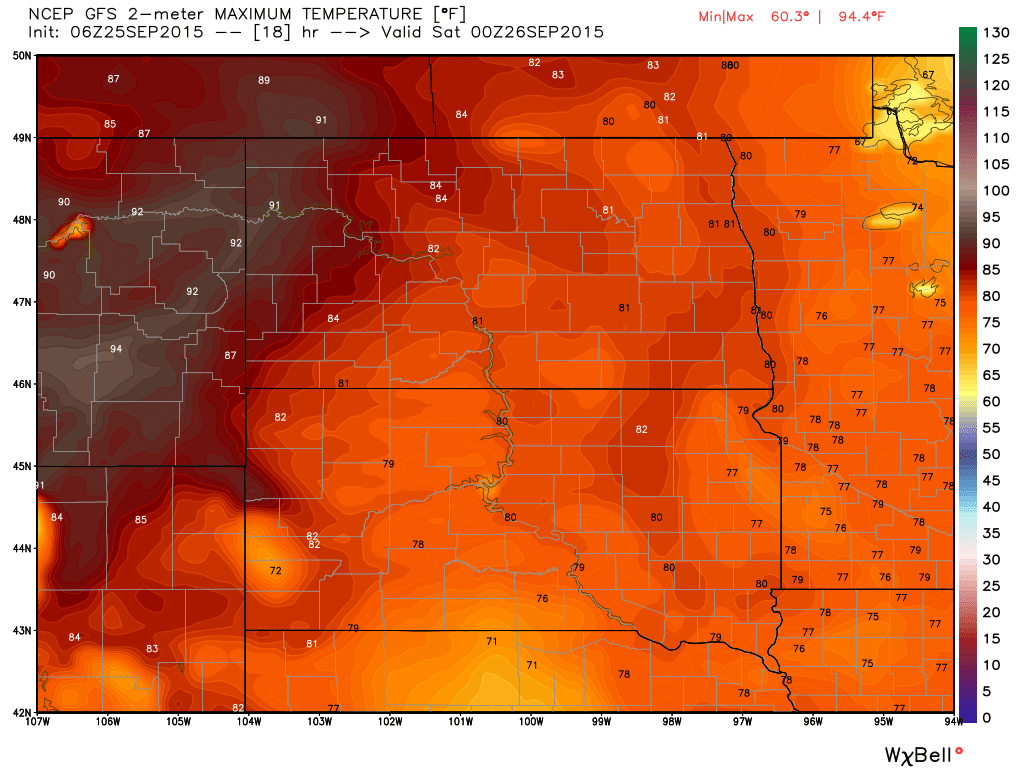 Maximums from GFS for Friday, September 25, 2015